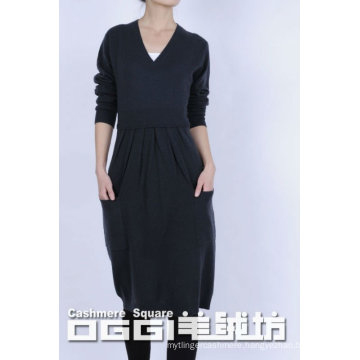 Modern knitted pure cashmere loose casual swearter dress, V-neck